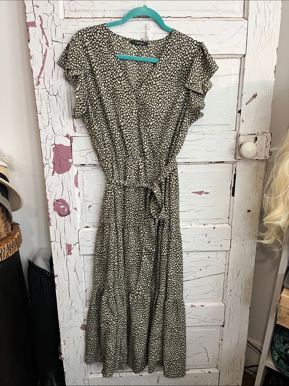 Women's Olive Green Printed Midi Dress with Tie Waist by FASHION Sz Lg